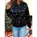 Plus Size Elegant Christmas Light Print Jacket - Polyester Knit Fabric with Elastane, Stand Collar, Medium Stretch, Zipper Detail, Winter Festive Outerwear