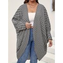 Elegant Houndstooth Open Front Coat with Batwing Sleeves - Polyester Blend, Non-Stretch Fabric for Women - Perfect for Fall/Winter