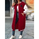 Plus Size Color Block Button Front Jacket, Casual Long Sleeve Longline Jacket For Fall & Winter, Women's Plus Size Clothing