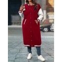 Plus Size Color Block Button Front Jacket, Casual Long Sleeve Longline Jacket For Fall & Winter, Women's Plus Size Clothing