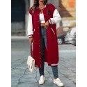 Plus Size Color Block Button Front Jacket, Casual Long Sleeve Longline Jacket For Fall & Winter, Women's Plus Size Clothing