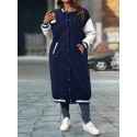 Plus Size Color Block Button Front Jacket, Casual Long Sleeve Longline Jacket For Fall & Winter, Women's Plus Size Clothing