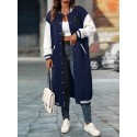 Plus Size Color Block Button Front Jacket, Casual Long Sleeve Longline Jacket For Fall & Winter, Women's Plus Size Clothing